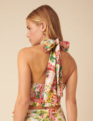 White Printed Halterneck Crop Top