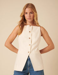 Cream Linen-blend Longline Waistcoat