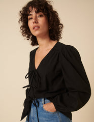 Black Tie-Front Long Sleeve Bernadetta Blouse
