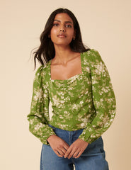 Green Floral Balloon Sleeve Top
