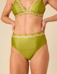 Green Floral Trim High Waist Bikini Bottoms