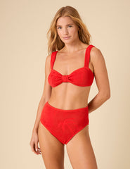 Red Ribbed Jacquard Knot Front Bikini Top