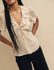 Cream Polka Dot Floral Ruffle Blouse