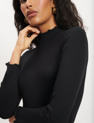 Black Ribbed Funnel Neck Long Sleeve Top