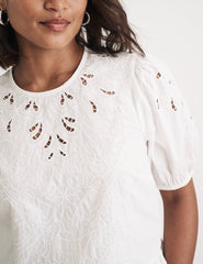 White Puff Sleeve Cutwork Detail Peplum Top