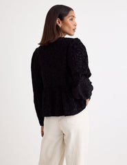 Black Embroidered Cord Tie Front Blouse