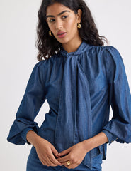 Denim Tie Neck Blouse