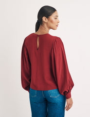 Red Satin Balloon Sleeve Blouse