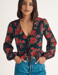 Red Floral Chiffon Tie Front Blouse