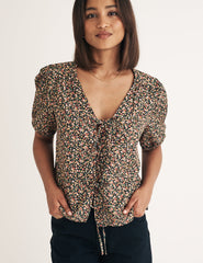 Black Floral Tie Front Bernadetta Blouse