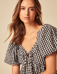 Black Gingham Puff Sleeve Top