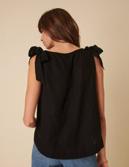 Black Linen-blend Tie Shoulder Swing Top