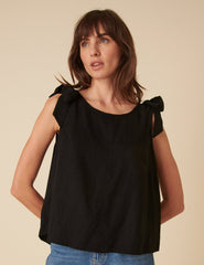 Black Linen-blend Tie Shoulder Swing Top