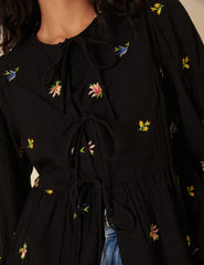 Black Floral Embroidered Tie Front Blouse