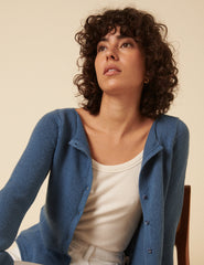 Blue Slash Neck Knitted Cardigan