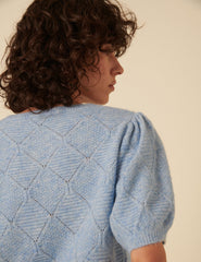 Blue Pointelle Wool Blend Knitted Top