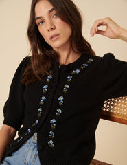 Black Floral Embroidered Knitted Cardigan