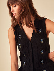 Black Floral Embroidered Knitted Waistcoat