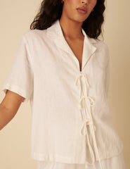 White Linen-blend Tie Front Shirt