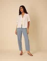 White Linen-blend Tie Front Shirt