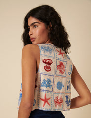 Cream Shell Print Tie Front Top