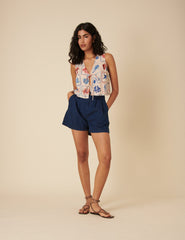 Cream Shell Print Tie Front Top