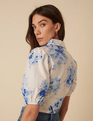 Blue Watercolour Floral Tailored Top