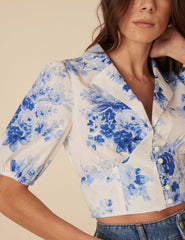 Blue Watercolour Floral Tailored Top