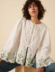 White Tie Front Embroidered Blouse
