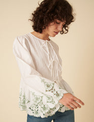 White Tie Front Embroidered Blouse