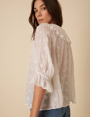 White Frill Collar Floral Embroidered Blouse