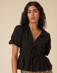 Black Tie Front Puff Sleeve Top