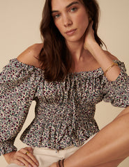 Cream Ditsy Floral Tie Front Blouse