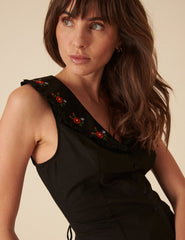 Black Floral Collar Embroidered Top