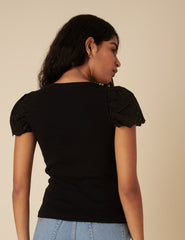 Black Broderie Sleeve Top