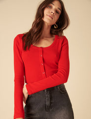Red Scoop Neck Button Through Top