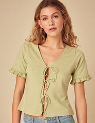 Green Tie Front Jersey Top