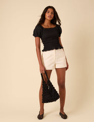 Black Puff Sleeve Ruched Top