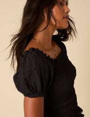 Black Puff Sleeve Ruched Top