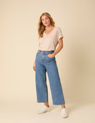 White And Beige Linen-blend Striped V-neck T-Shirt