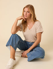 White And Beige Linen-blend Striped V-neck T-Shirt