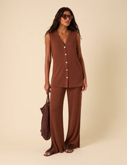 Brown Textured Longline Waistcoat