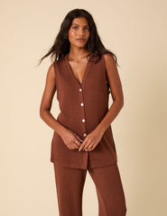 Brown Textured Longline Waistcoat
