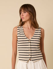 Black And Cream Striped Textured Waistcoat