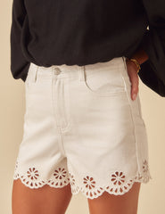 White Denim Broderie Shorts