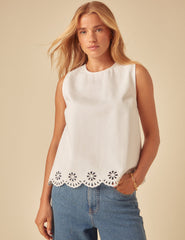 White Denim Broderie Swing Top