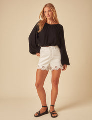 White Denim Broderie Shorts