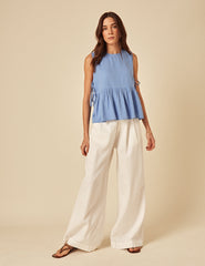 Blue Linen-blend Peplum Swing Top