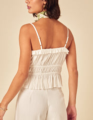 White Linen-blend Ruched Cami Top