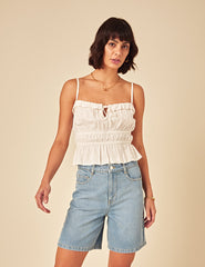 White Linen-blend Ruched Cami Top